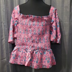 Simply Southern Seahorse Smocked Off-Shoulder Top - Pink and Blue